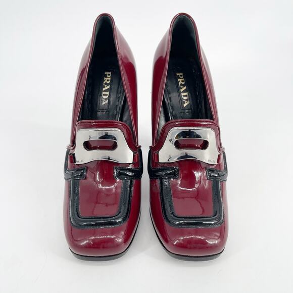 Prada Fall 2010 Burgundy Patent Leather Loafer Square Toe Block Heels IT 39.5 - Picture 6 of 16